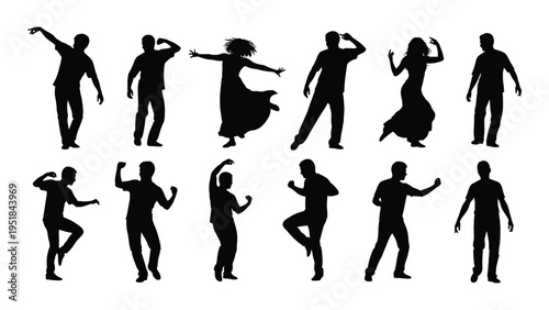 A group of people dancing in various poses