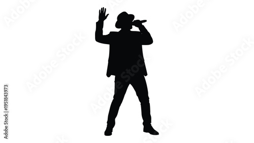 A man singing into a microphone with one hand raised