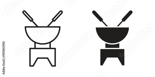 Fondue pot icon set in black outline and fill. Editable icons