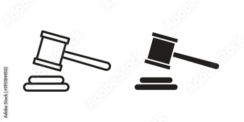 Gavel icon set in black outline and fill. Editable icons