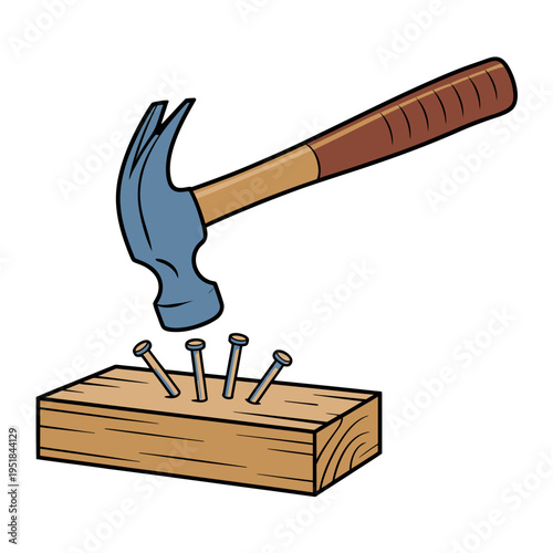 A cartoon illustration showing a hammer hovering above a piece of wood with several nails partially inserted.