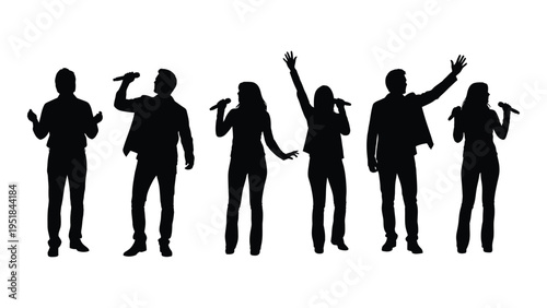 A group of people singing with microphones