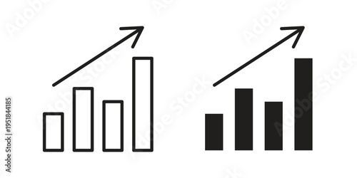 Growth graph icon set in black outline and fill. Editable icons
