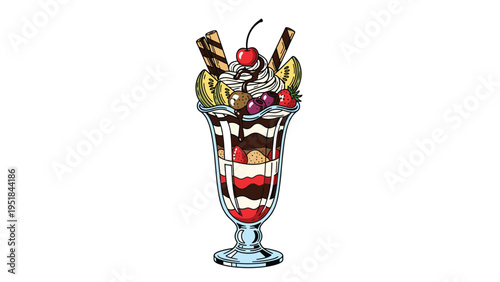 Tall glass of chocolate and cream ice cream sundae topped with fresh strawberries cherries and kiwi slices for a delicious dessert.