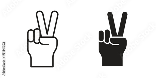 Hand peace icon set in black outline and fill. Editable icons