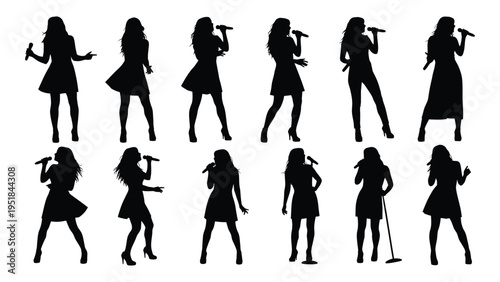 Set of silhouettes of women singing with microphones