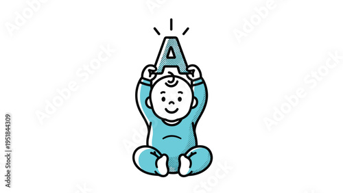 Happy baby wearing blue pajamas sitting and holding a large letter A above their head representing early learning and basic education.