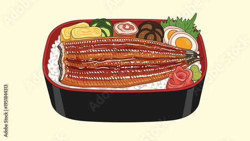 Traditional japanese unagi grilled eel rice bowl served in a black lacquer box with tamagoyaki and pickled vegetables as side dishes.