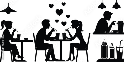 Minimalist black silhouette illustration of people dining, drinking, and socializing in restaurant café setting with romantic couple, solo diner, and cozy atmosphere design.