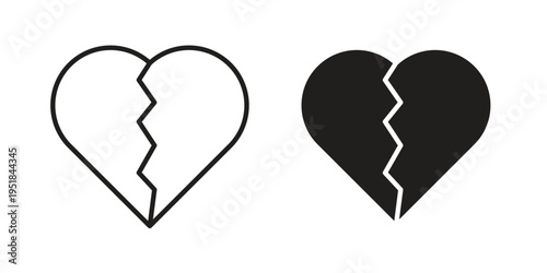 Heart Crack icon set in black outline and fill. Editable icons