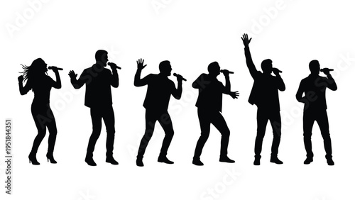 Group of people singing and dancing with microphones