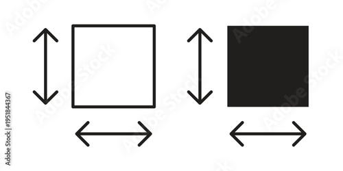 Height and width icon set in black outline and fill. Editable icons