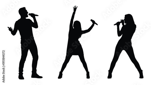 Three people singing with microphones