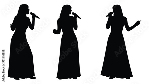 Three women singing into microphones in black silhouette