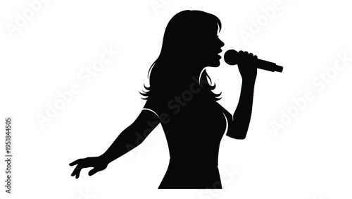A woman singing into a microphone with one arm outstretched