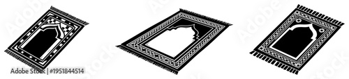 Islamic prayer rug set, traditional muslim prayer mat icons with ornament patterns, sajadah silhouettes for ramadan kareem and eid mubarak design isolated on white