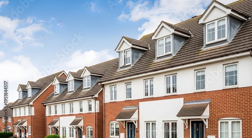 A row of townhouses with white and red brick exterior