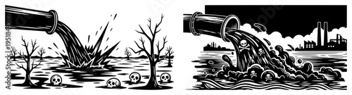 Environmental pollution and water contamination set, industrial waste disposal into river with skulls and dead trees, ecological disaster and global warming concept silhouettes