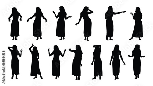A set of black silhouette illustrations of women in various poses