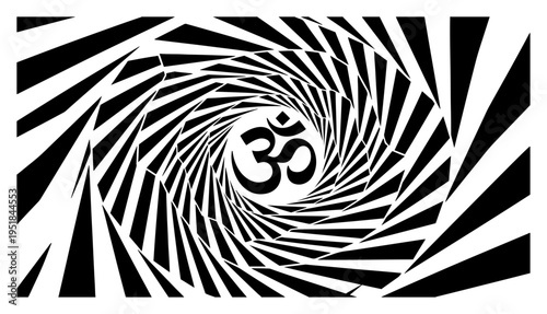 Om symbol in hypnotic geometric spiral background, spiritual Aum sign on optical art vortex, yoga and meditation concept for mindfulness design