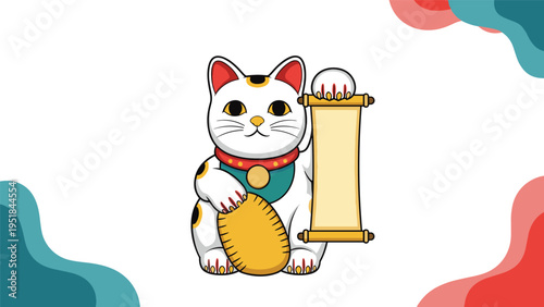 Traditional japanese maneki-neko beckoning cat figurine holding a blank scroll for custom messages with decorative wave patterns.