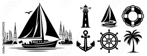Nautical icons and sailboat silhouette set, marine travel elements with lighthouse, anchor, steering wheel and palm tree for summer vacation design