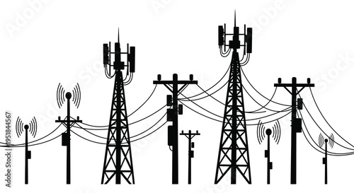 A stark black silhouette of communication towers and power lines against a bright white background silhouette high quality professional detailed modern