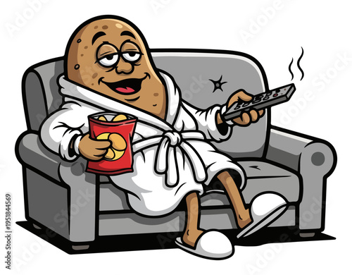 Funny couch potato character relaxing on sofa with chips and remote, lazy man wearing bathrobe watching tv, procrastination and unhealthy lifestyle cartoon