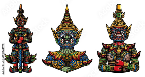 Thai guardian giant Yaksha set, colorful traditional mythology statues from Grand Palace Bangkok, ornate spiritual figures for Thailand tourism and culture