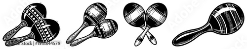 Maracas musical instrument set, traditional mexican percussion icons, latin music shakers silhouettes for fiesta and celebration design