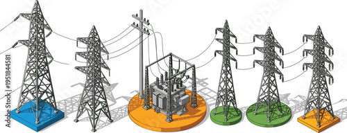 Isometric electric power grid infrastructure with high voltage transmission towers, distribution substation, transformer unit, utility poles, and energy supply system.