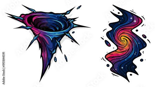 Cosmic vortex and galaxy spiral set, abstract colorful black hole and tornado nebula, outer space universe energy for science and sci-fi background