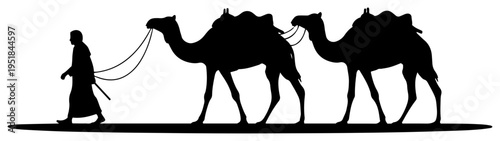 Camel caravan silhouette with bedouin in desert, nomad leader with camels on dunes, middle eastern travel and safari concept for adventure design
