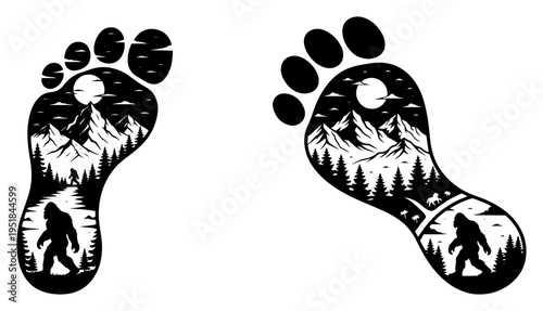 Bigfoot footprint double exposure silhouette with mountain landscape and forest, sasquatch tracks with wilderness nature scene, mythical creature in woods outdoor adventure concept