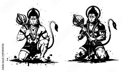 Lord Hanuman silhouette set with gada mace, Hindu god Bajrangbali illustration, spiritual Indian mythology character for religious and yoga design