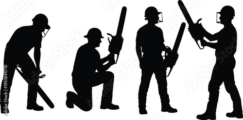 Lumberjack and Arborist Silhouette Set with Chainsaws, Forestry Worker in Protective Gear, Woodcutter and Tree Surgeon Character Vector Design
