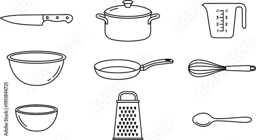 kitchen utensils outline icons collection black and white vector set of cooking tools simple linear style
