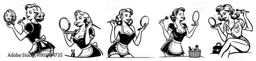 Retro pin-up girls makeup and beauty set, vintage women with mirrors and cosmetics silhouettes, 1950s style glamour and fashion illustrations