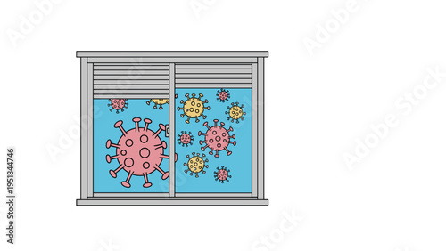 View through a window of various coronavirus particles floating outside during a pandemic lock down for health and safety awareness.
