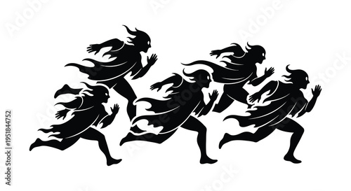 A dynamic group of figures are depicted mid run their forms captured in a striking black silhouette high quality professional detailed modern