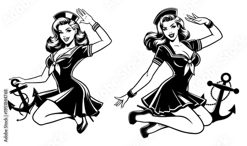 Vintage pin-up sailor girl silhouettes, nautical woman characters with anchor, 1950s style glamour for marine and navy travel design