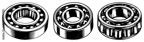 Ball bearing set for industrial machinery, mechanical engineering components, metal roller bearing silhouettes for automotive and factory design