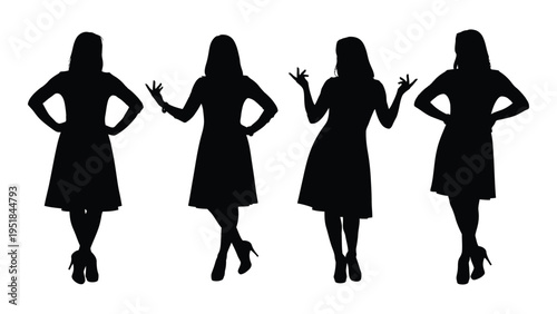 Four women in dresses standing in different poses