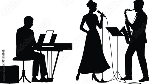 Musical trio silhouette illustration, singer with microphone, saxophonist with music stand, pianist at keyboard, live performance theme, vector art, black isolated bold design