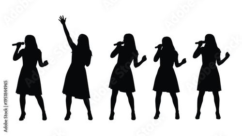 Five women singing with microphones in different poses