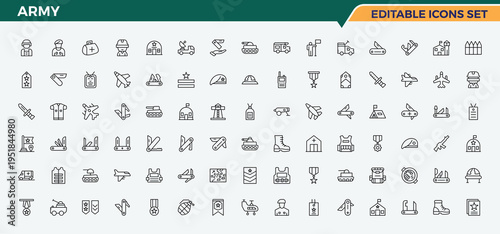 Army icon set. Line icons with editable stroke. Vector illustration in modern line style. Military linear icon collection. Contain linear sign defense, weapon, navy, fight, force and more.