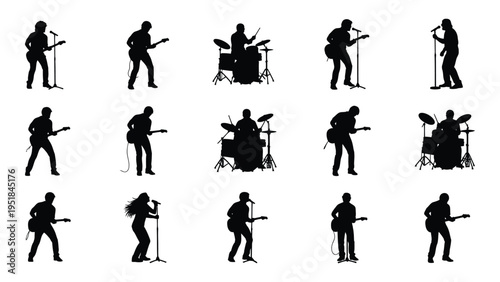 Black silhouettes of people playing musical instruments