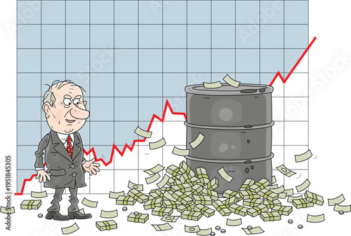 Lucky businessman with a barrel of gasoline in a heap of money enjoying higher oil prices, vector cartoon illustration on a white background