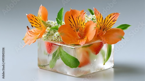Vibrant orange alstroemeria flowers float in clear water with green leaves and white blossoms. Red strawberries and mint add freshness to the glass container