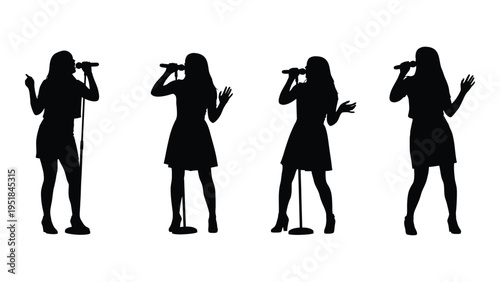 Four women singing with microphones in different poses